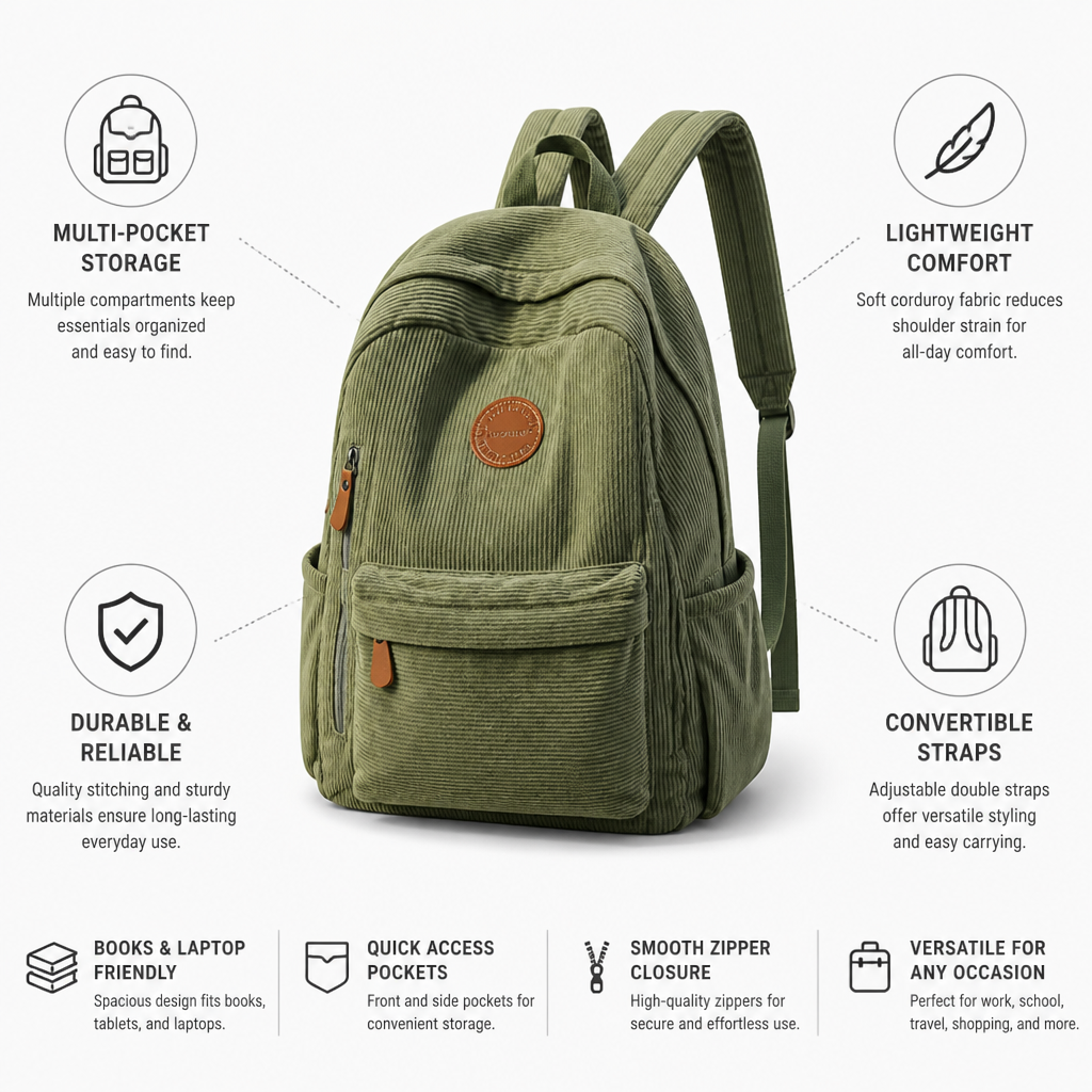Lightweight Corduroy Multi-Pocket Backpack (Convertible Straps)