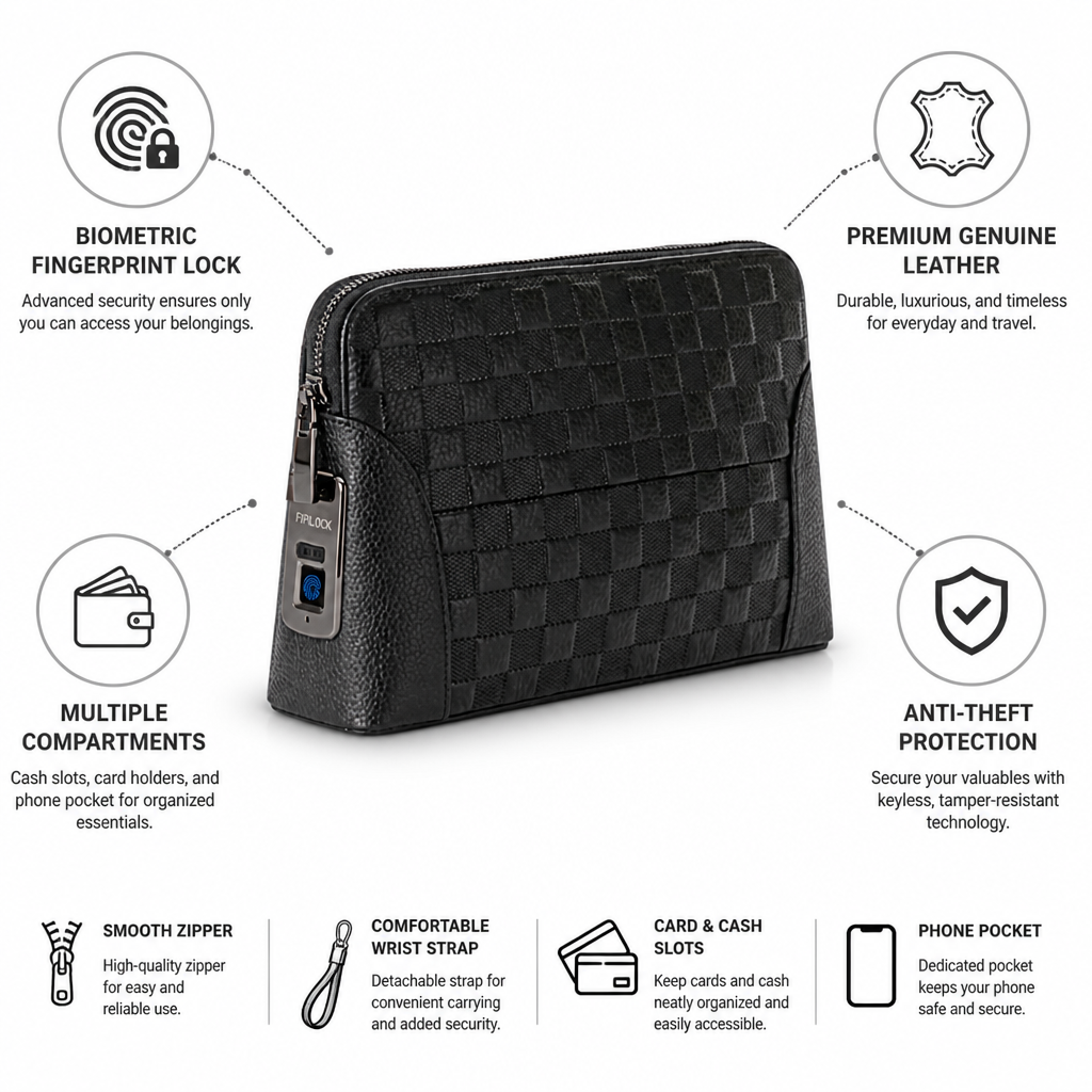 Biometric Fingerprint Lock Multi-Compartment Genuine Leather Handbag