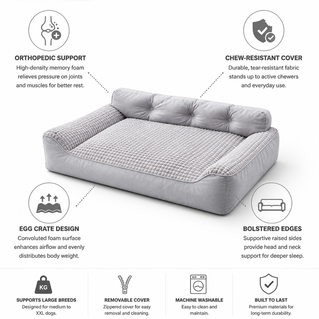 Orthopedic Memory Foam & Chew-Resistant Dog Bed (Egg-Crate Bolster)