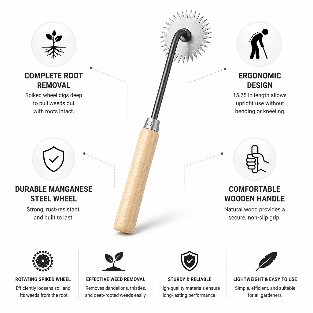 Manganese Steel Rotating Weed Puller (Ergonomic Wood Handle)