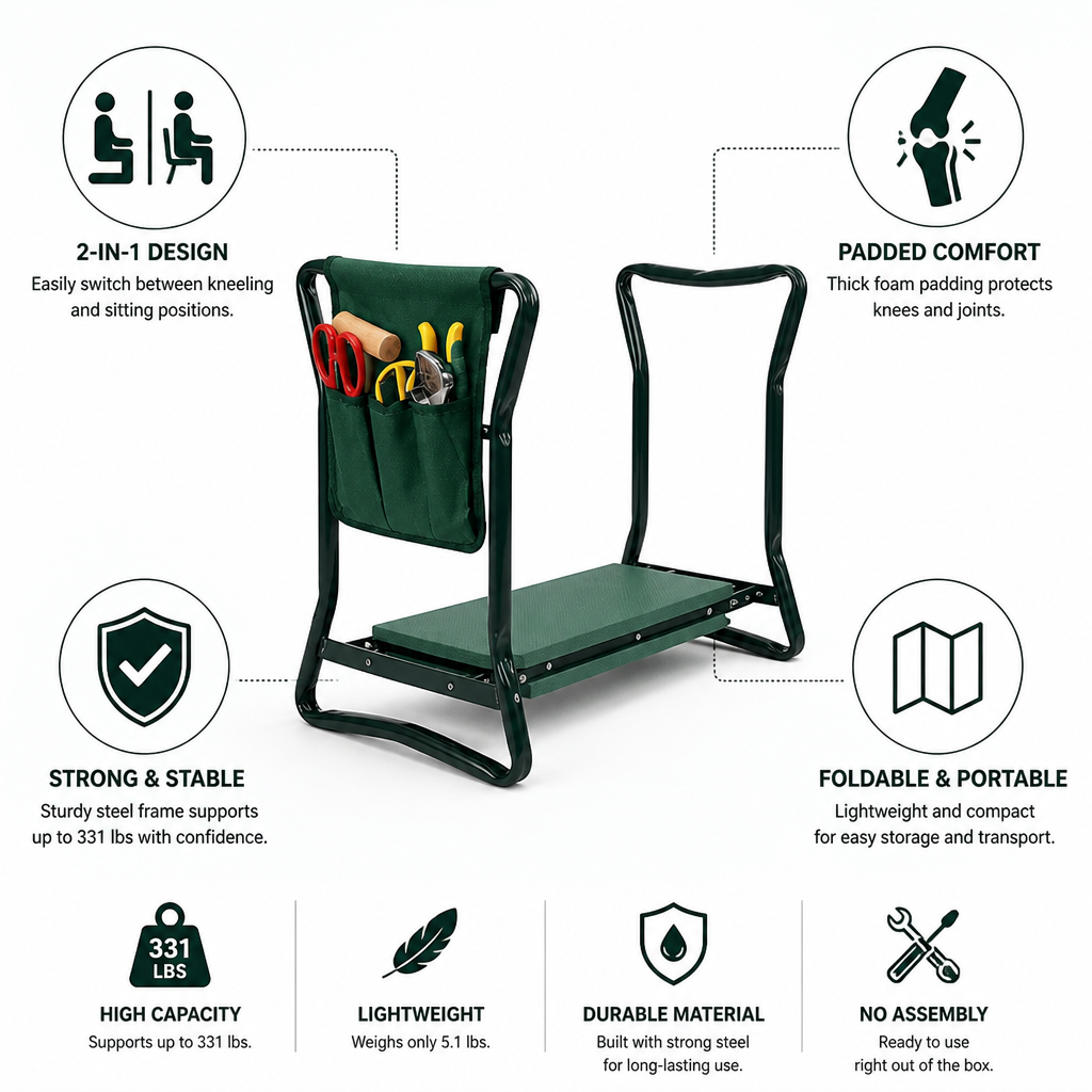 Foldable Padded Steel Garden Kneeler & Seat (331 lb Capacity)