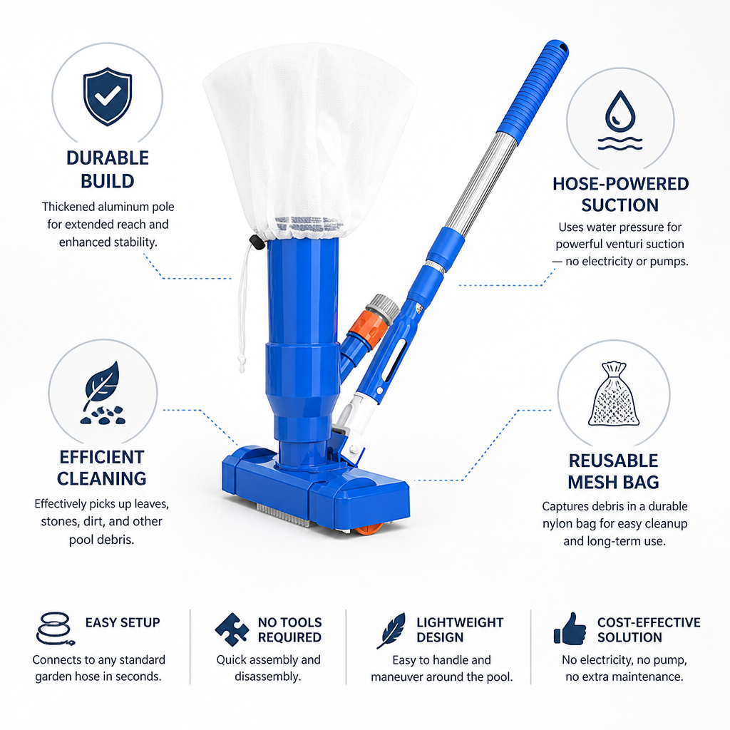 Hose-Powered Venturi Pool Vacuum (40-Inch Telescoping Pole)