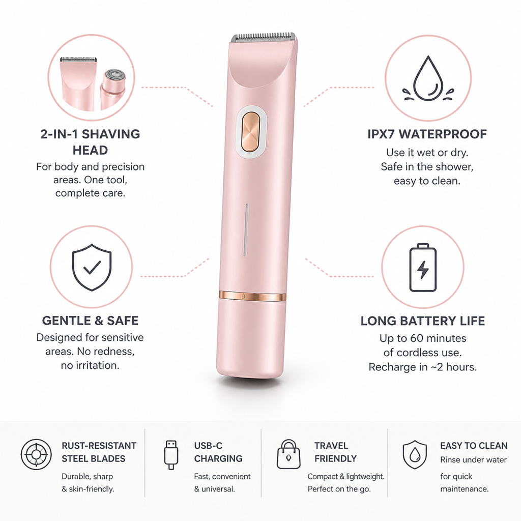 IPX7 Waterproof 2-in-1 Intimate Electric Shaver