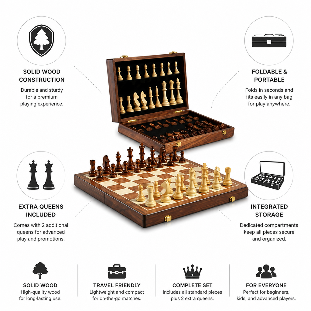 Solid Wood Foldable & Portable Chess Set (Includes Extra Queens)