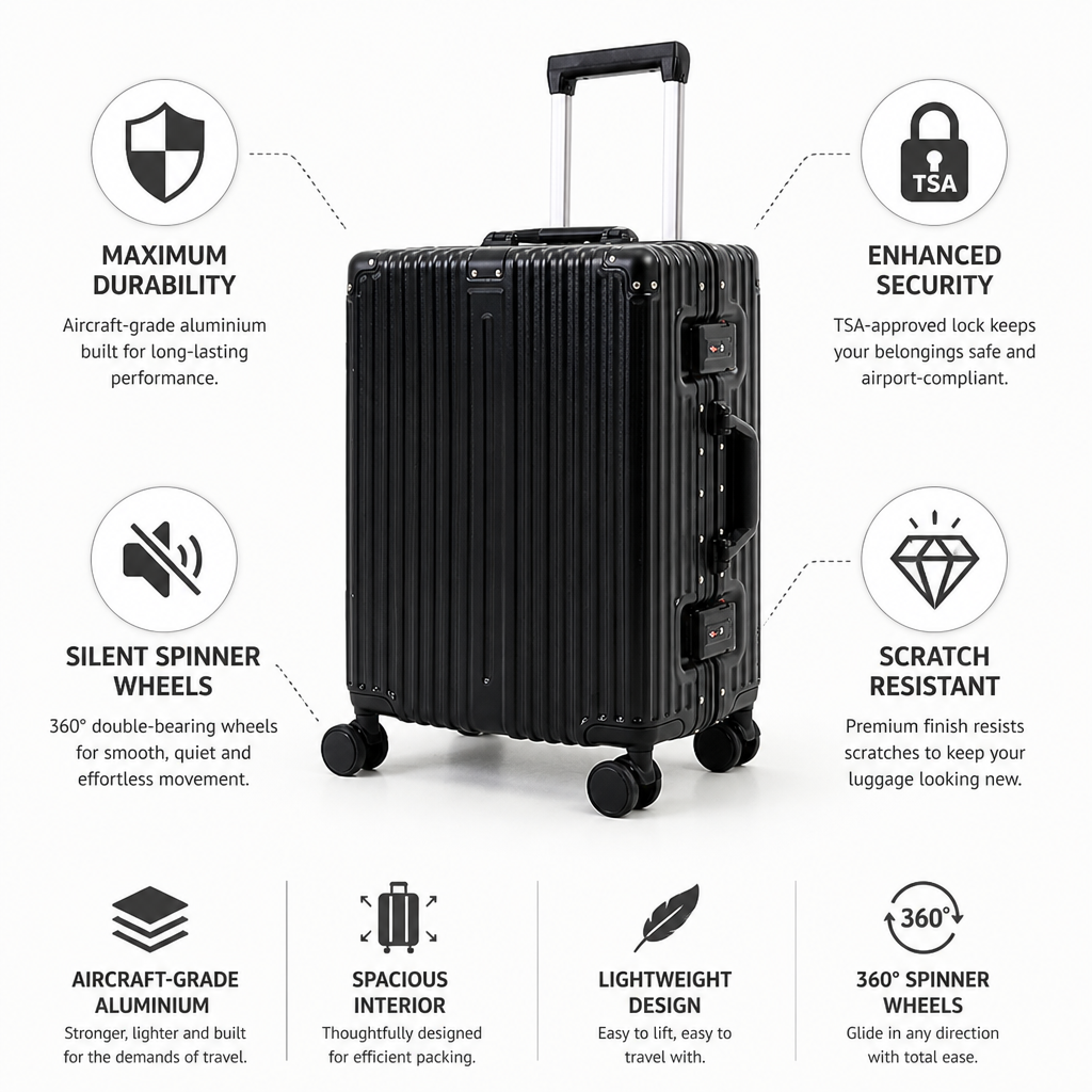 Aircraft-Grade Aluminium & Silent Spinner Carry-On Luggage (TSA-Approved Lock)