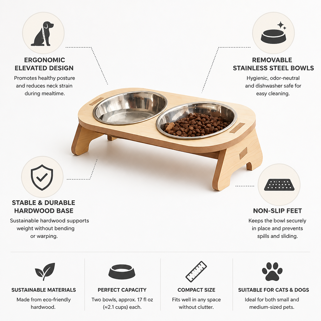 Elevated Hardwood Double Pet Bowl (Removable Stainless Steel Bowls)