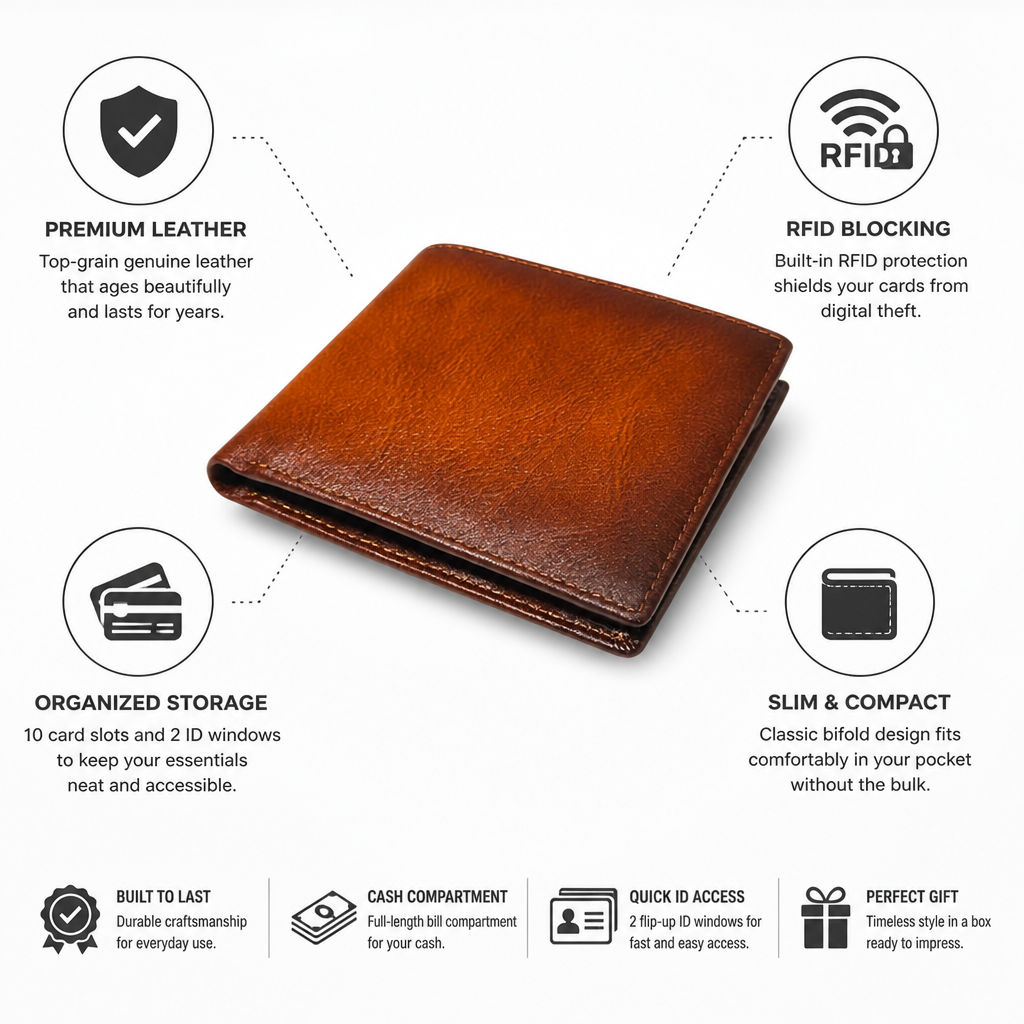 Top-Grain Leather RFID-Blocking Slim Bifold Wallet