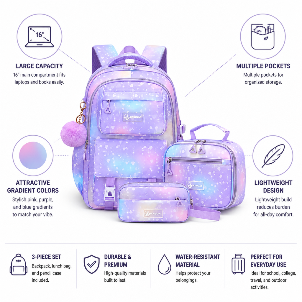 Large-Capacity Multiple-Pocket 16-Inch Backpack Set (3-Piece)