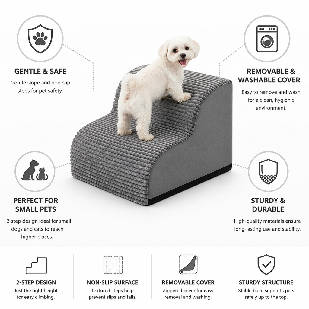 Gentle Slope Non-Slip Pet Stairs (2-Step, Removable Washable Cover)