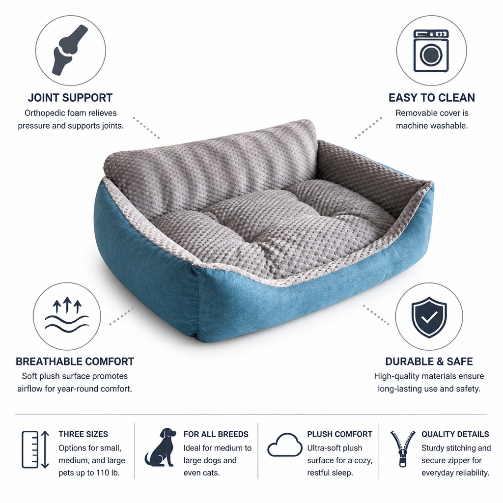 Orthopedic Foam Plush Bolster Dog Bed (Removable Washable Cover)