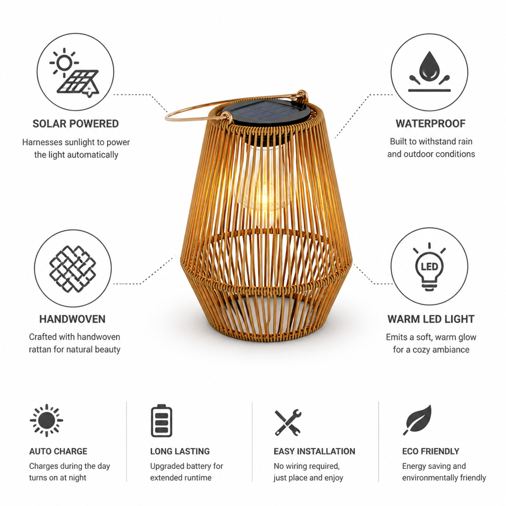 Solar-Powered Handwoven Rattan Garden Lantern