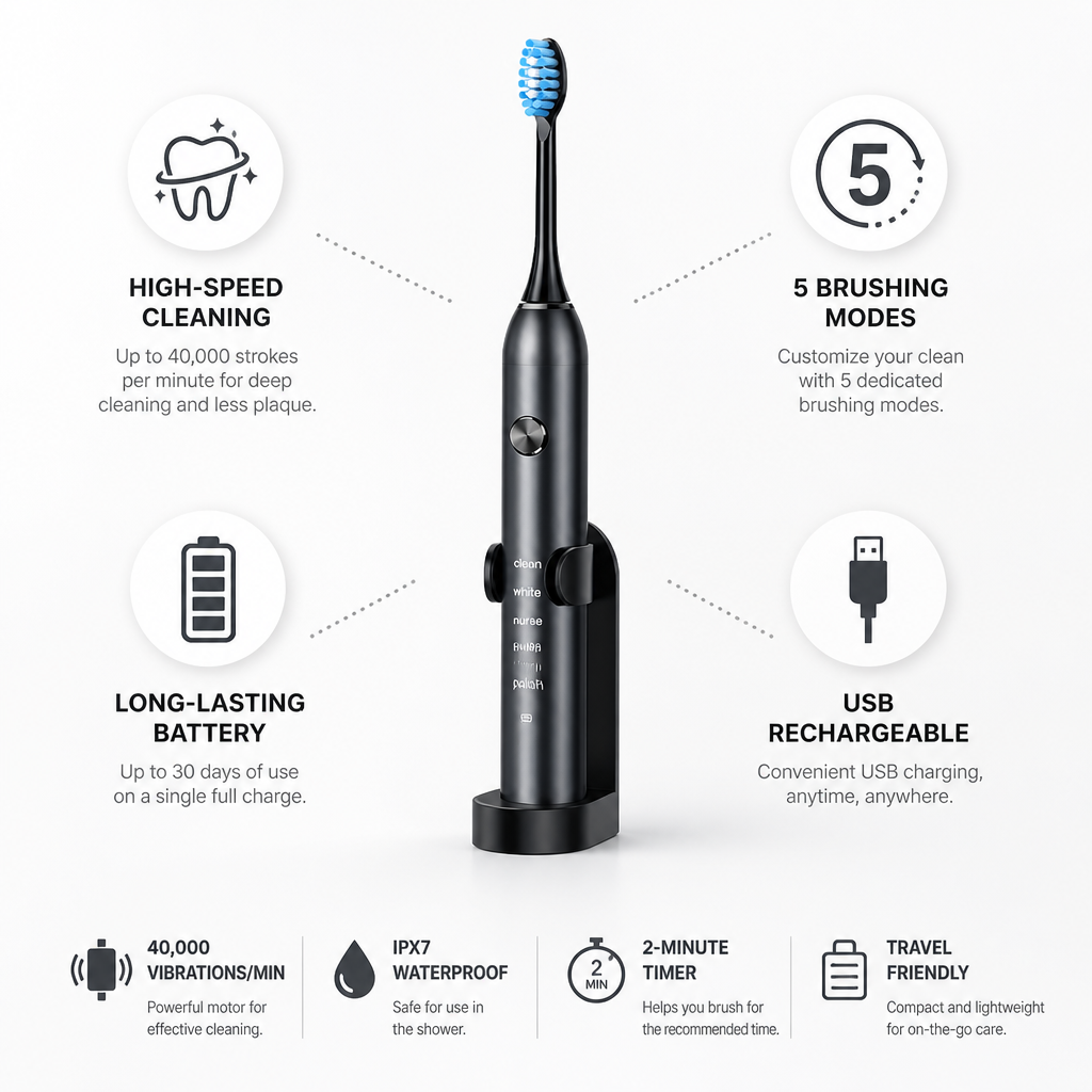 High-Speed USB-Rechargeable 5-Mode Electric Toothbrush