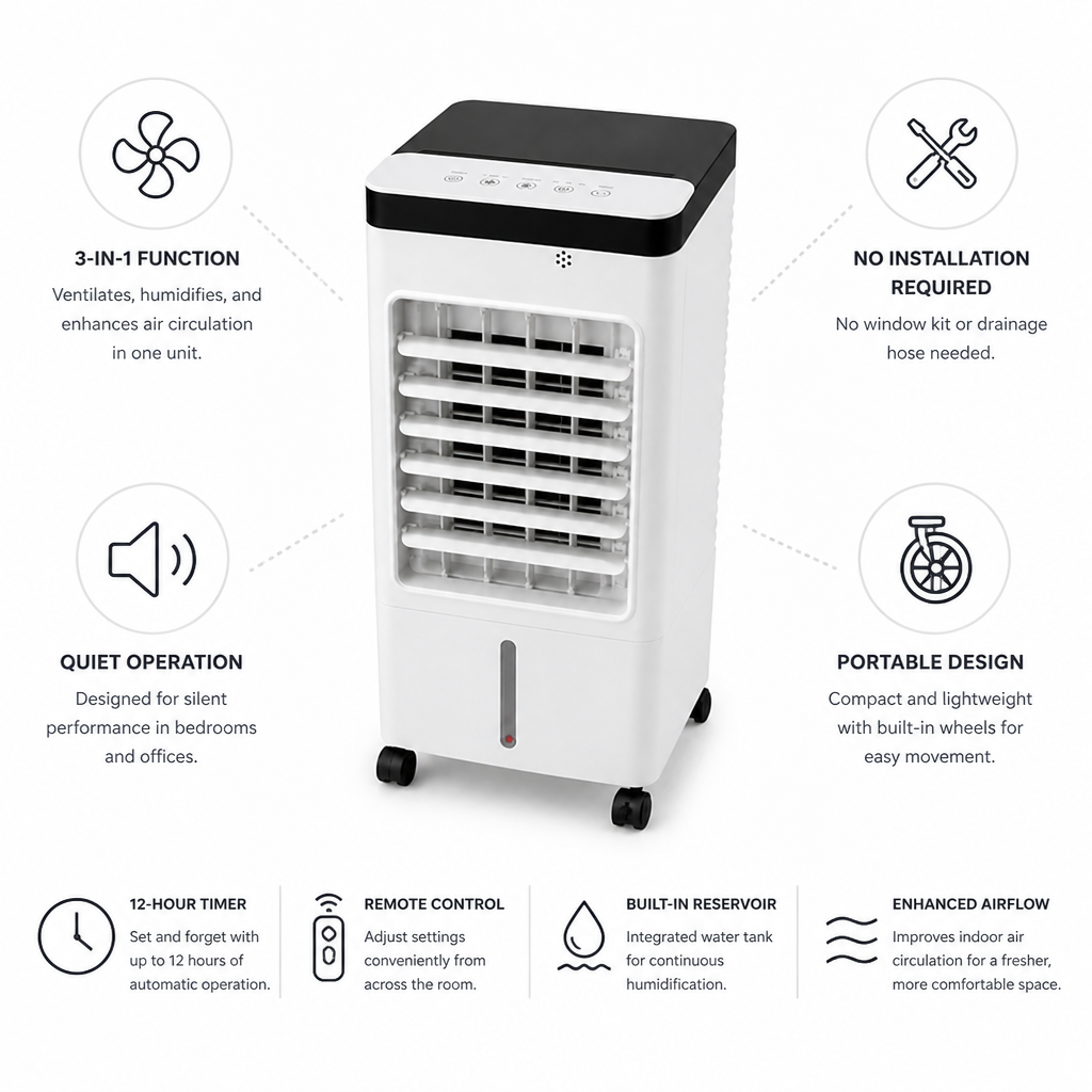 Windowless 3-In-1 Portable Evaporative Cooler (Remote & 12-Hour Timer)