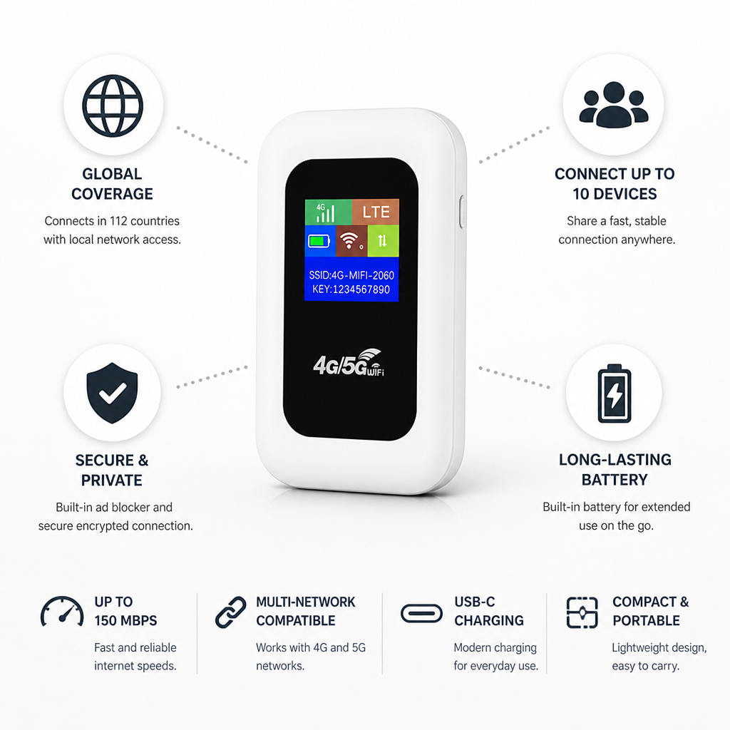 Portable 5G USB-C Travel Router (Up to 10 Devices)