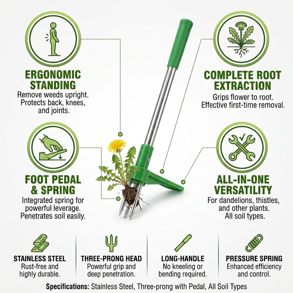 Ergonomic Long-Handle Stainless Steel Three-Prong Weed Puller