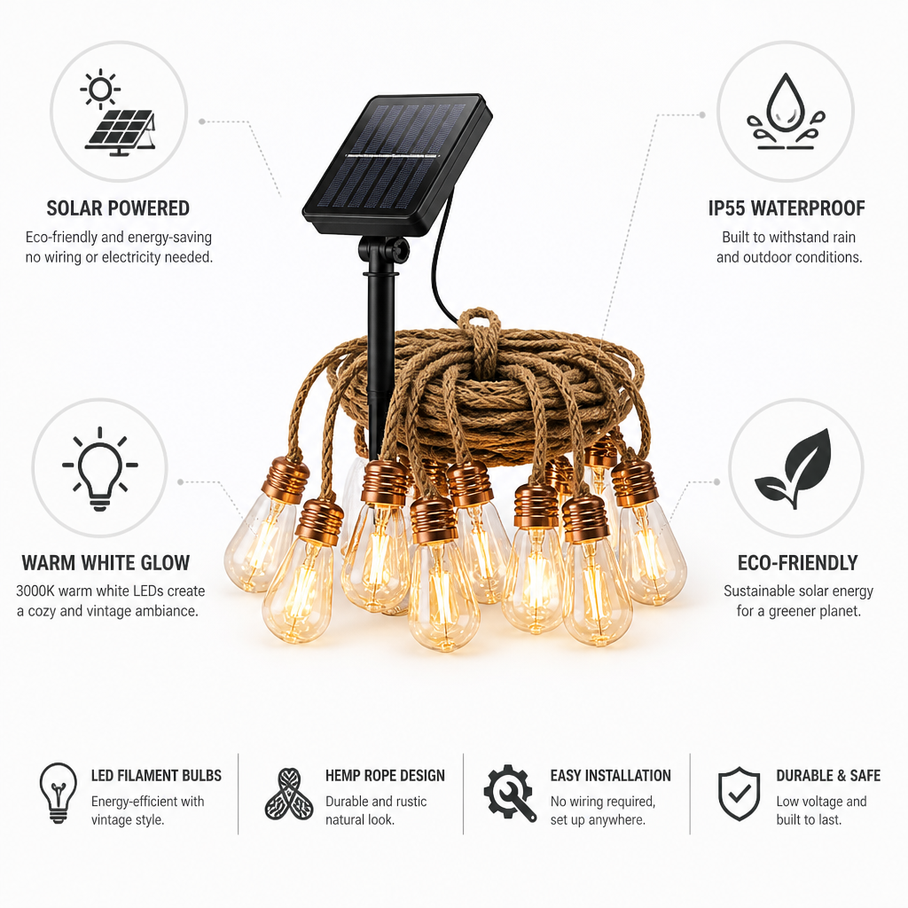 Solar-Powered Hemp Rope Outdoor String Lights (IP55 Waterproof)