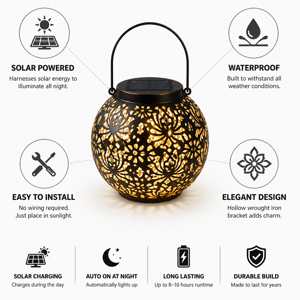 Solar-Powered Waterproof Wrought Iron Garden Pendant Light