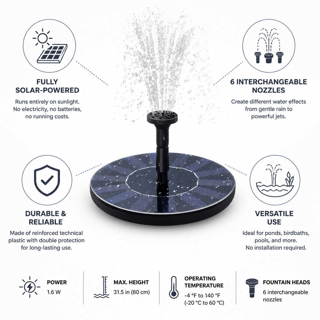 Solar-Powered Floating Fountain (6 Interchangeable Nozzles)