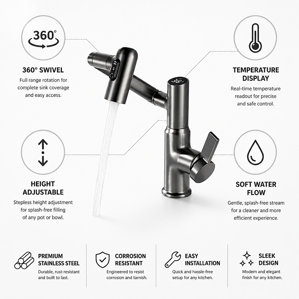 Stainless Steel 360° Swivel Temperature Display Kitchen Faucet