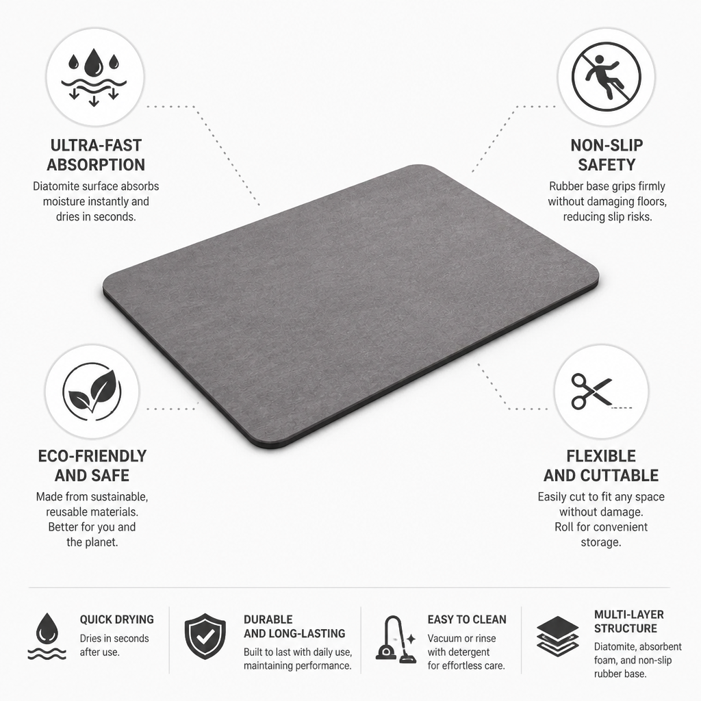 Ultra-Absorbent Quick-Dry Diatomite Bath Mat (Non-Slip Base)