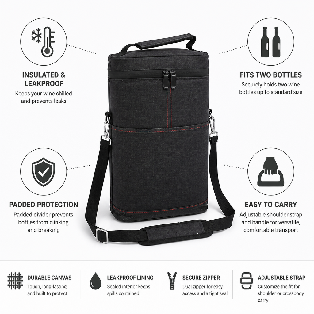 Insulated Leakproof Canvas Wine Carrier (2-Bottle)