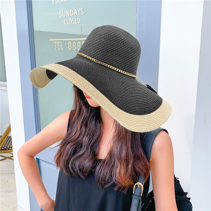 Wide-Brimmed Sun Hat Featuring Gold Chain Accent