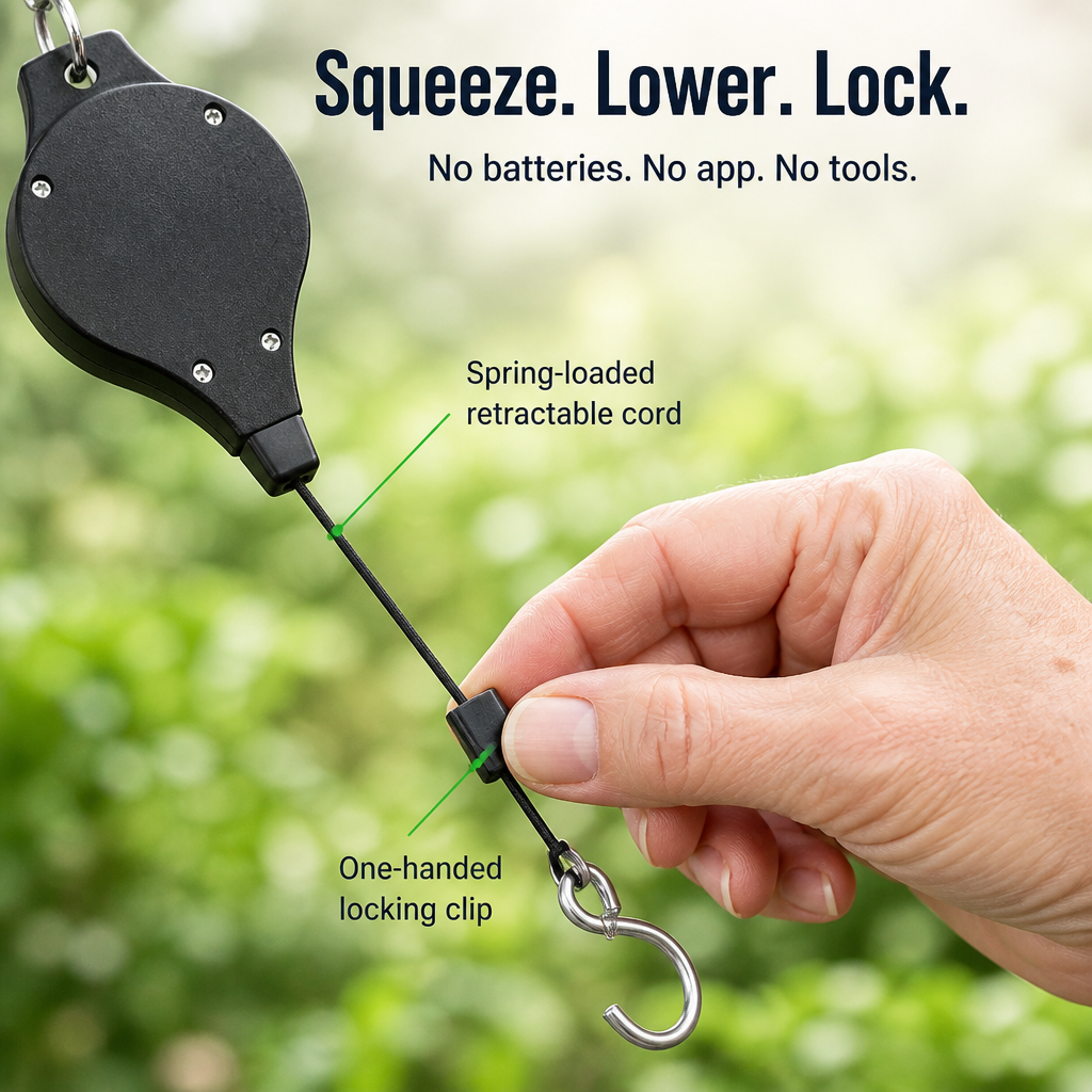 FlexiBloom™ — Lowered Hanging Baskets For Ladder-Free, Easy Watering