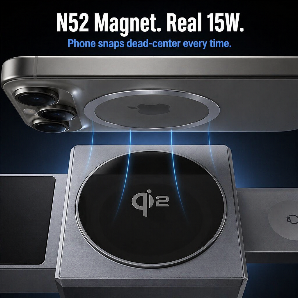 ChargeFlow™ — Attach Your iPhone, Watch & headset to One Foldable Qi2 Stand