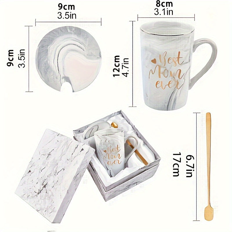 Marble-Patterned Coffee Mug with Lid and Spoon