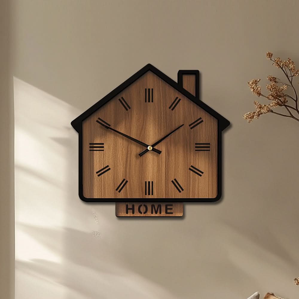 Rustic Wooden Wall Clock in House Shape