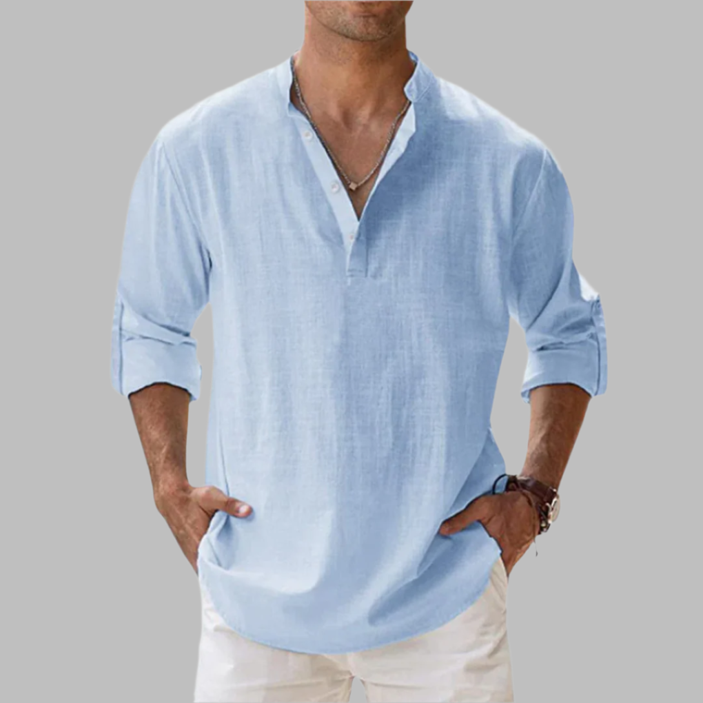 Hip-Length Button-Up Shirt in Breathable Linen with Rollable Sleeves
