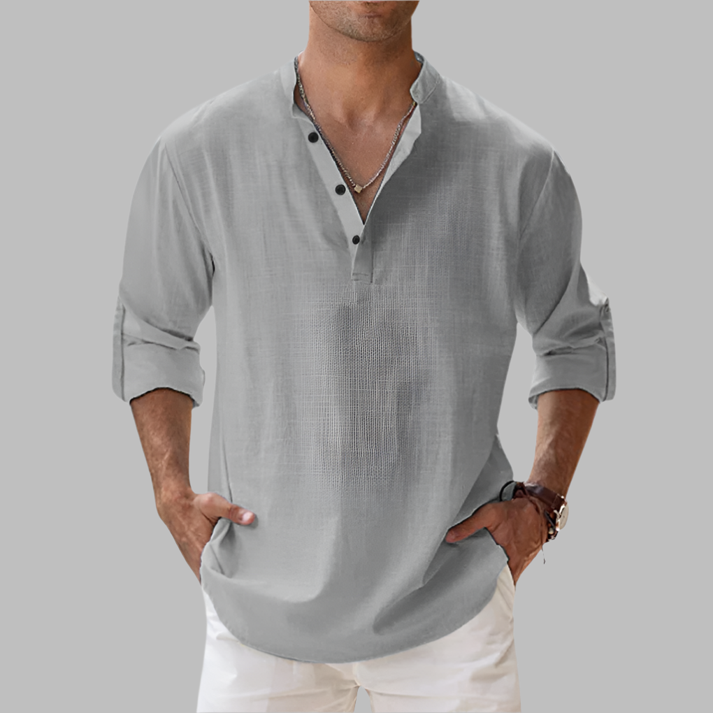 Hip-Length Button-Up Shirt in Breathable Linen with Rollable Sleeves