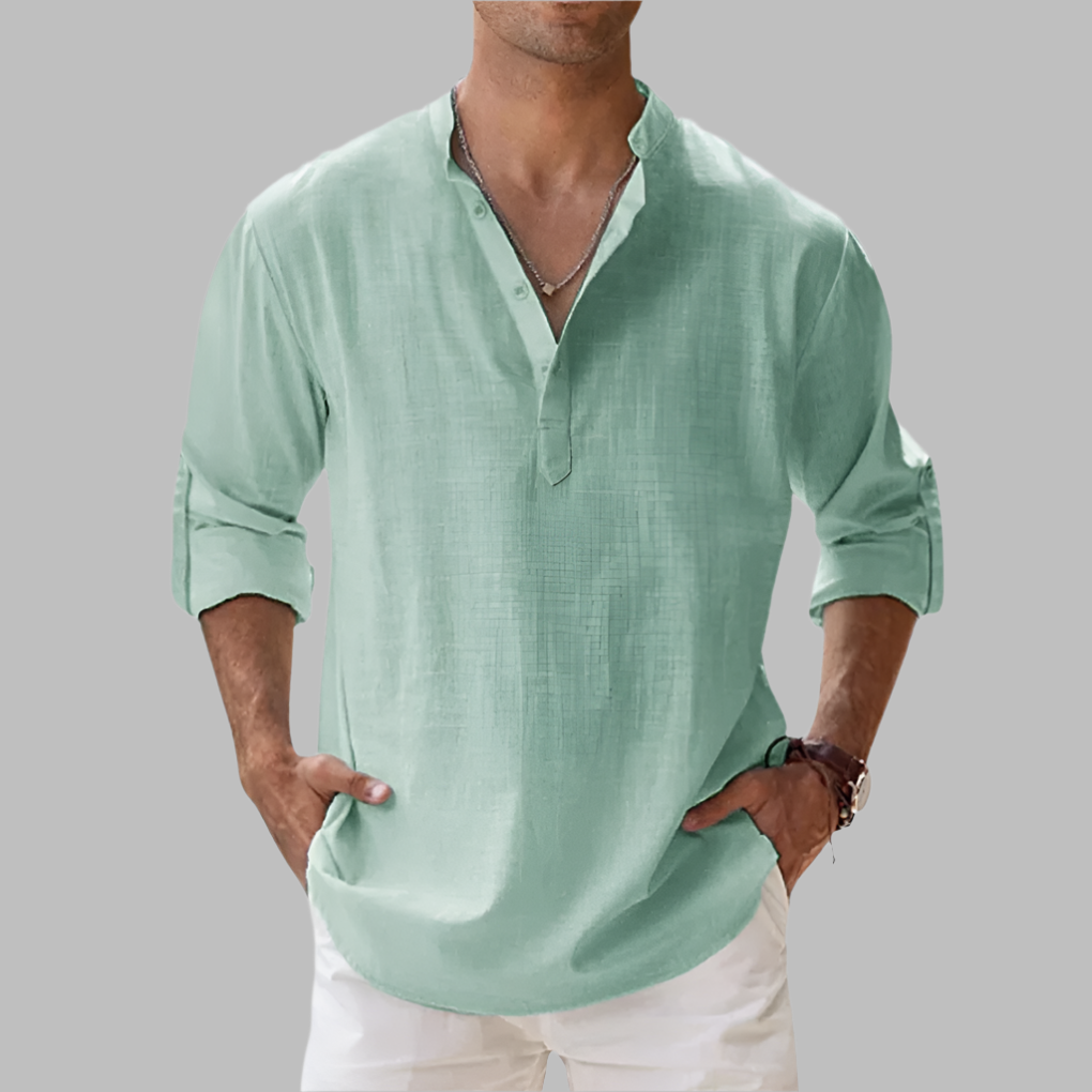 Hip-Length Button-Up Shirt in Breathable Linen with Rollable Sleeves