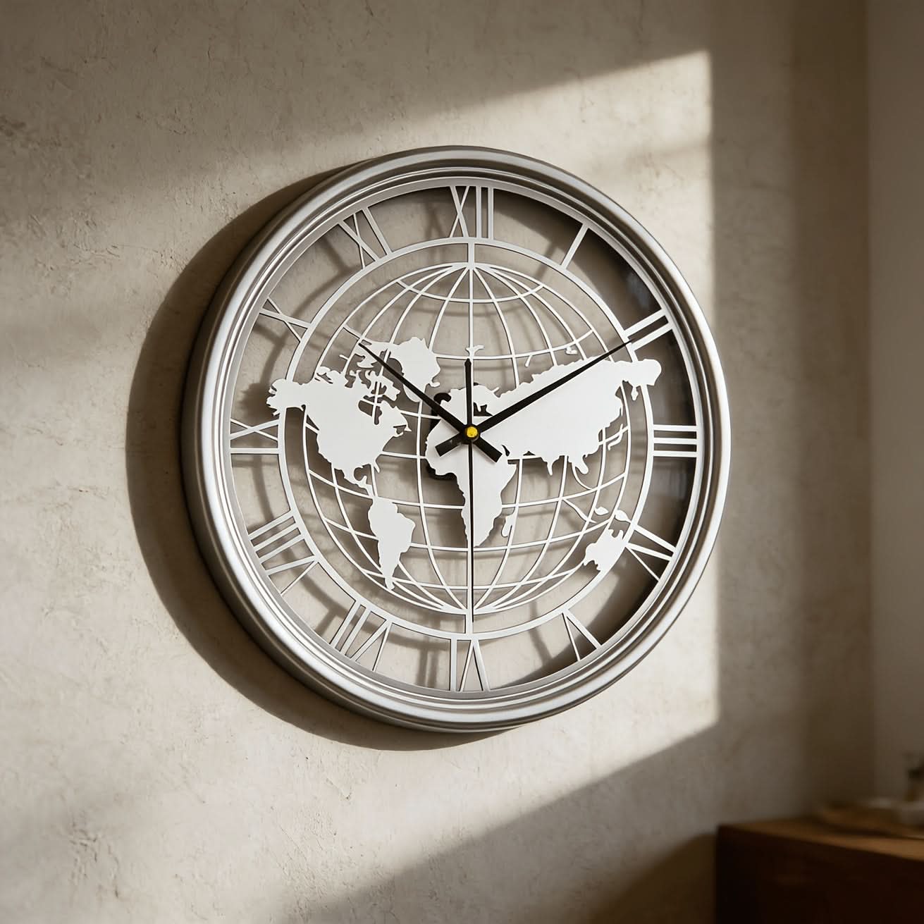 Silent Metal Wall Clock Featuring a Roman World Map Design