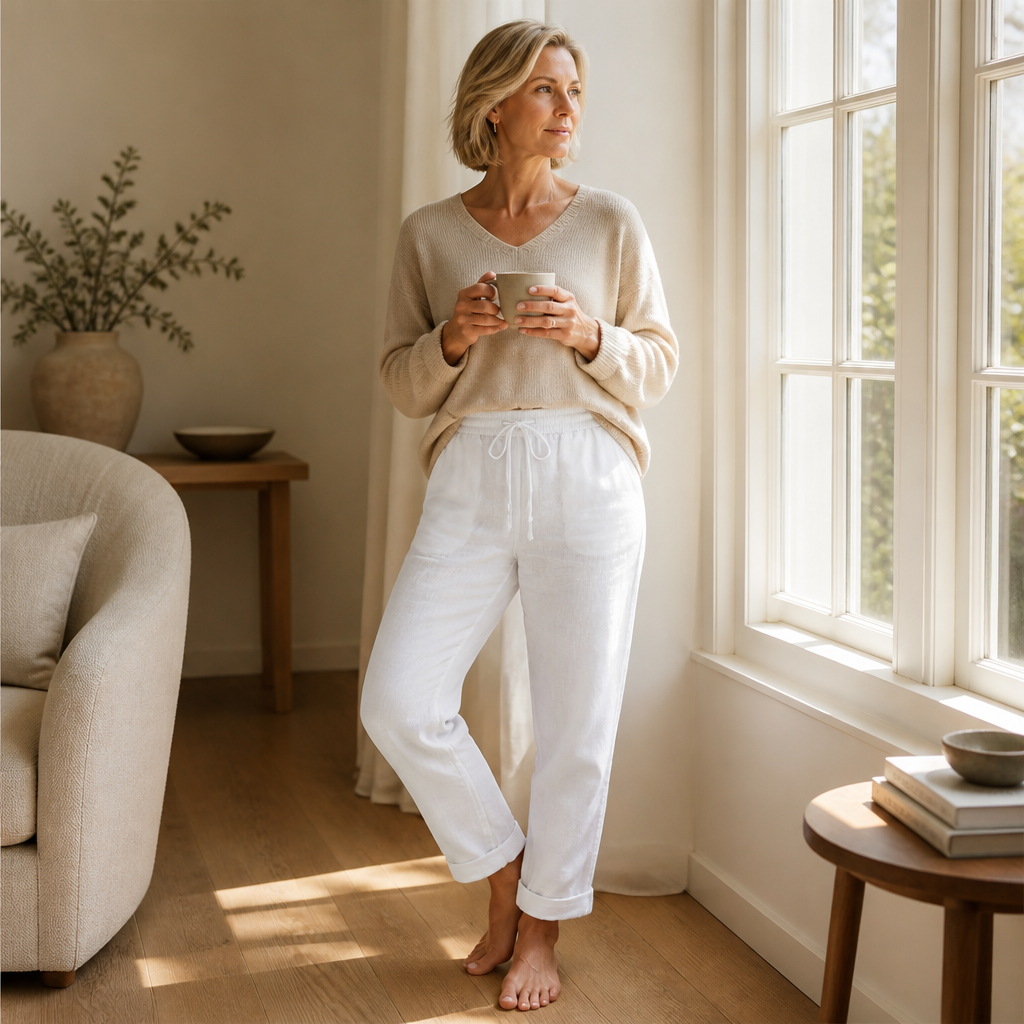 Flexiva™ – Comfortable Cotton-Linen Tapered Pants with Adjustable Drawstring Waist