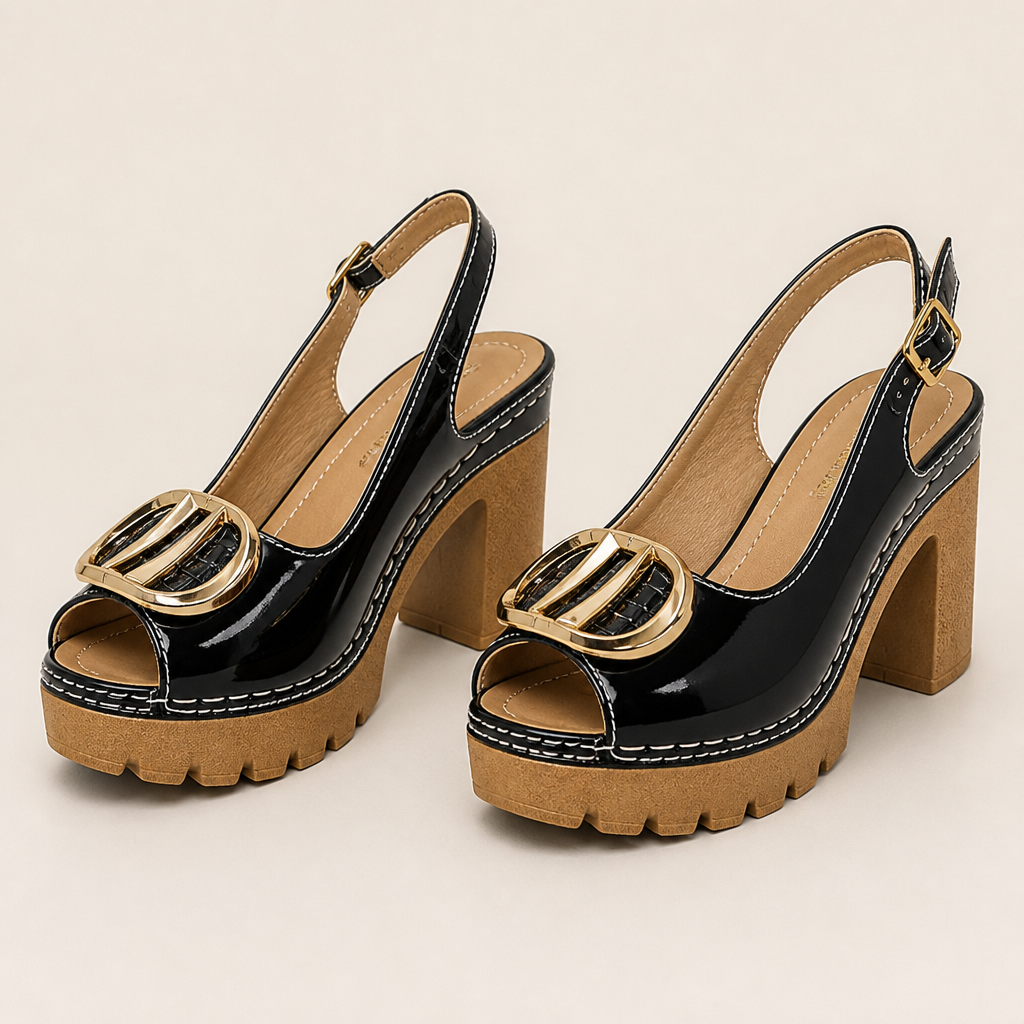 VivantaStrut™ – Bold Chunky Slingback Platform Heels with Gold Buckle