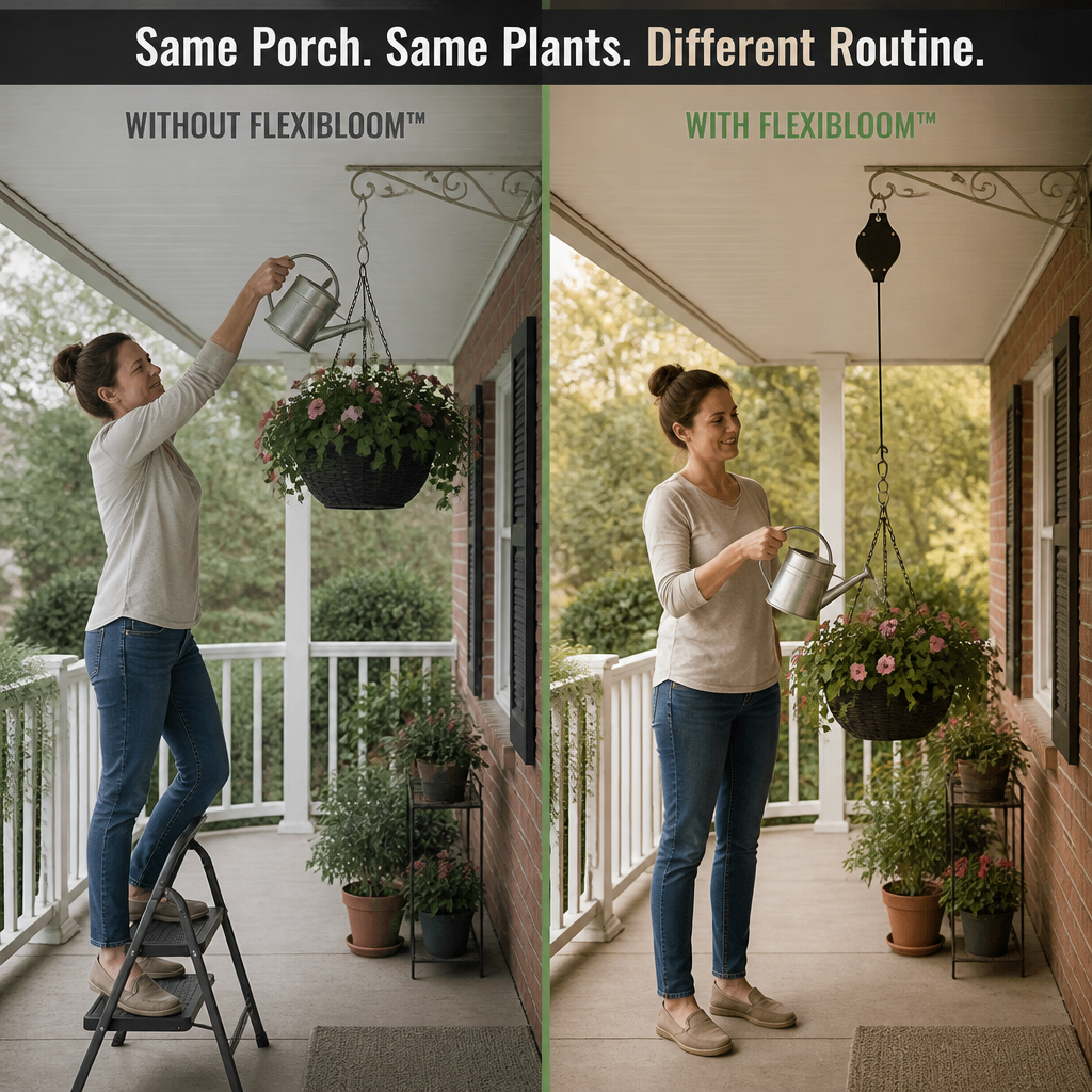 FlexiBloom™ — Lowered Hanging Baskets For Ladder-Free, Easy Watering