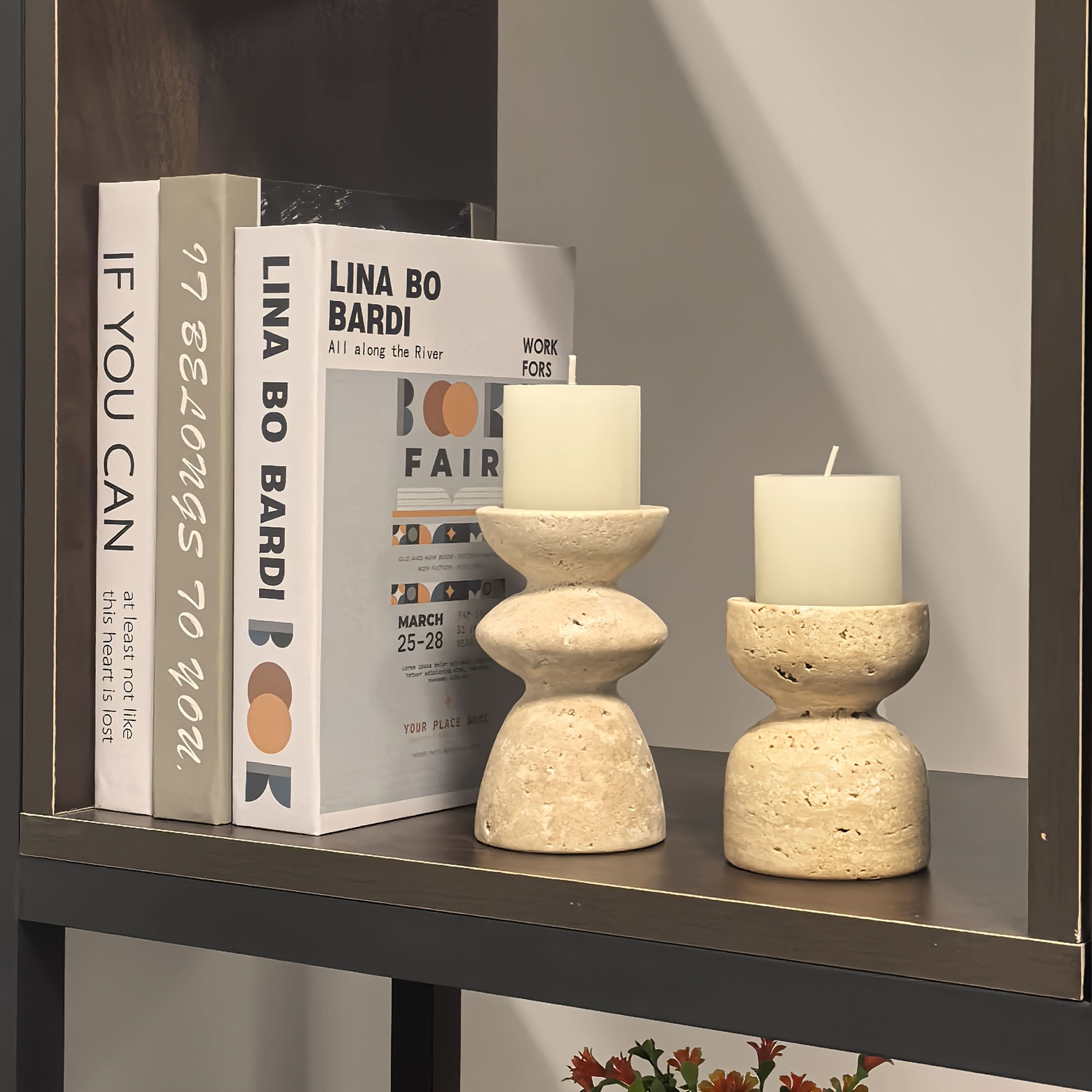 Set of Natural Marble Candle Holders in Travertine Style