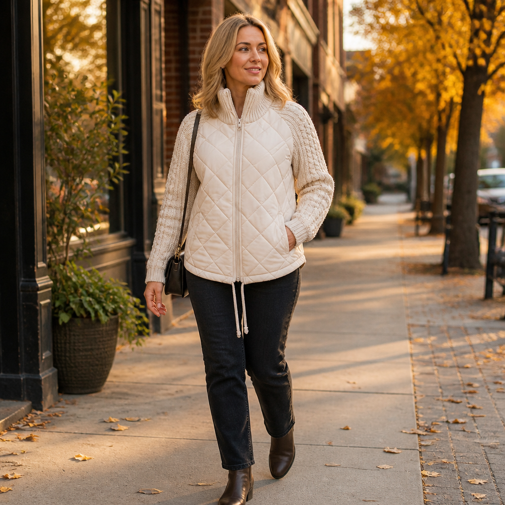 Norvelle™ – Warm Quilted Winter Coat Featuring Cable-Knit Sleeves