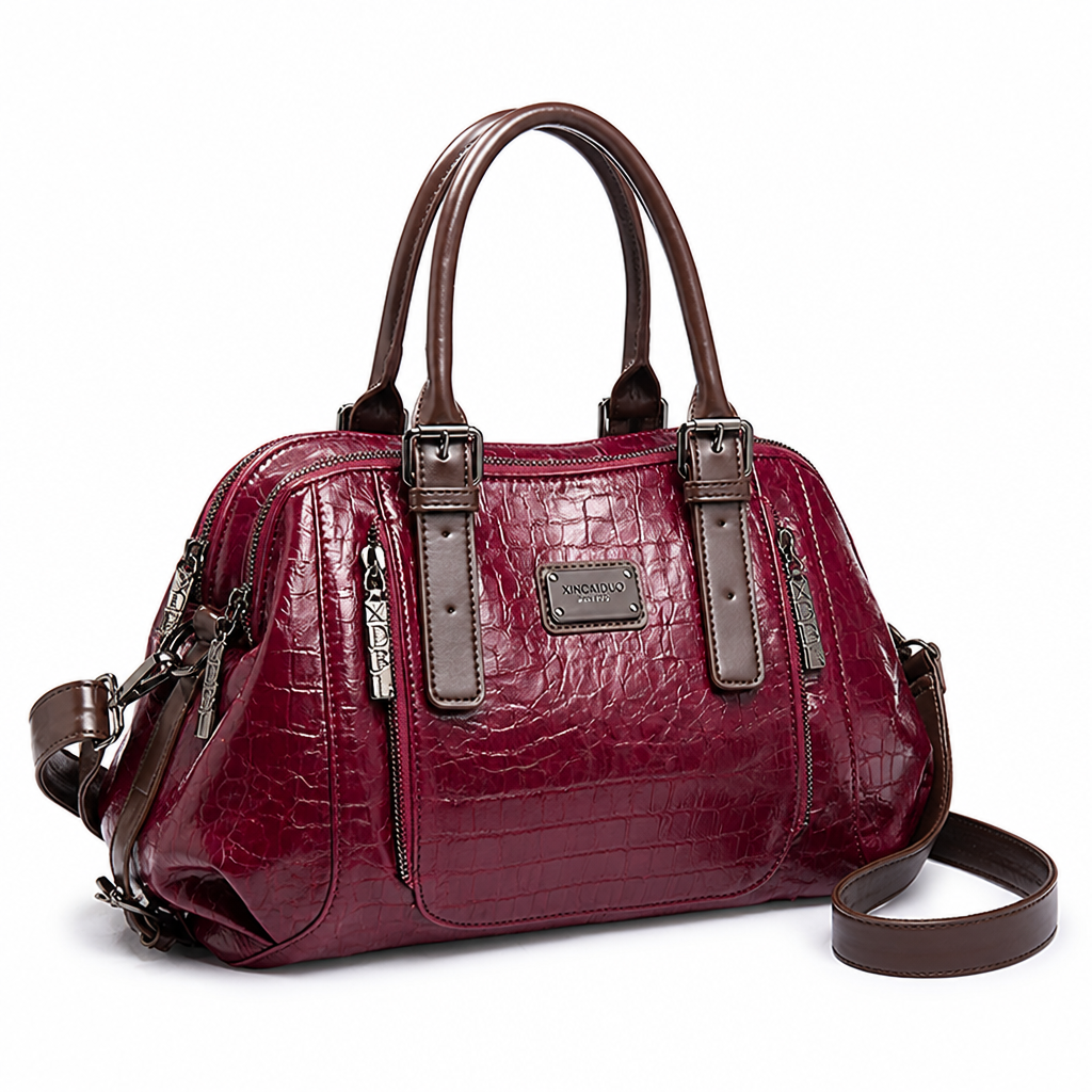 Genuine Leather Embossed Croc Boston Handbag (Removable Strap)