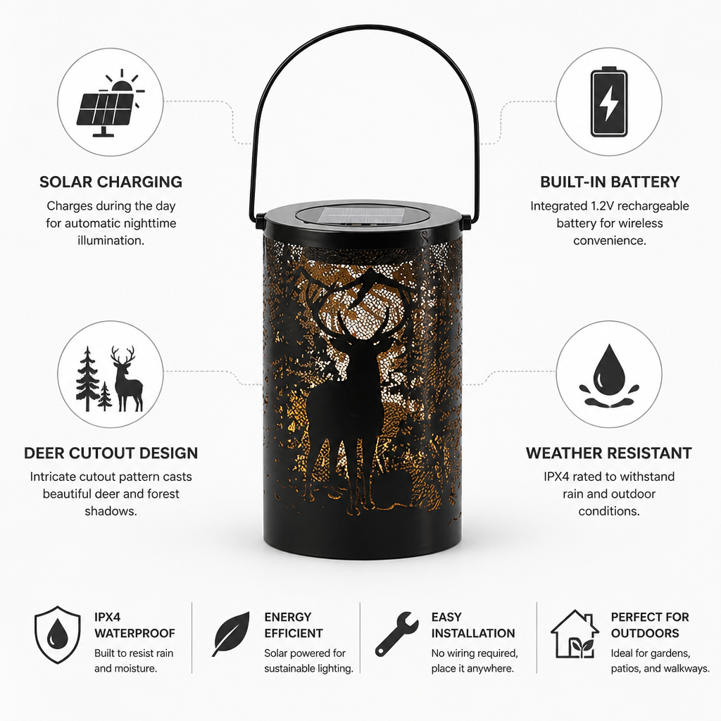 Solar Rechargeable Iron Lantern (Deer Cutout Projection)