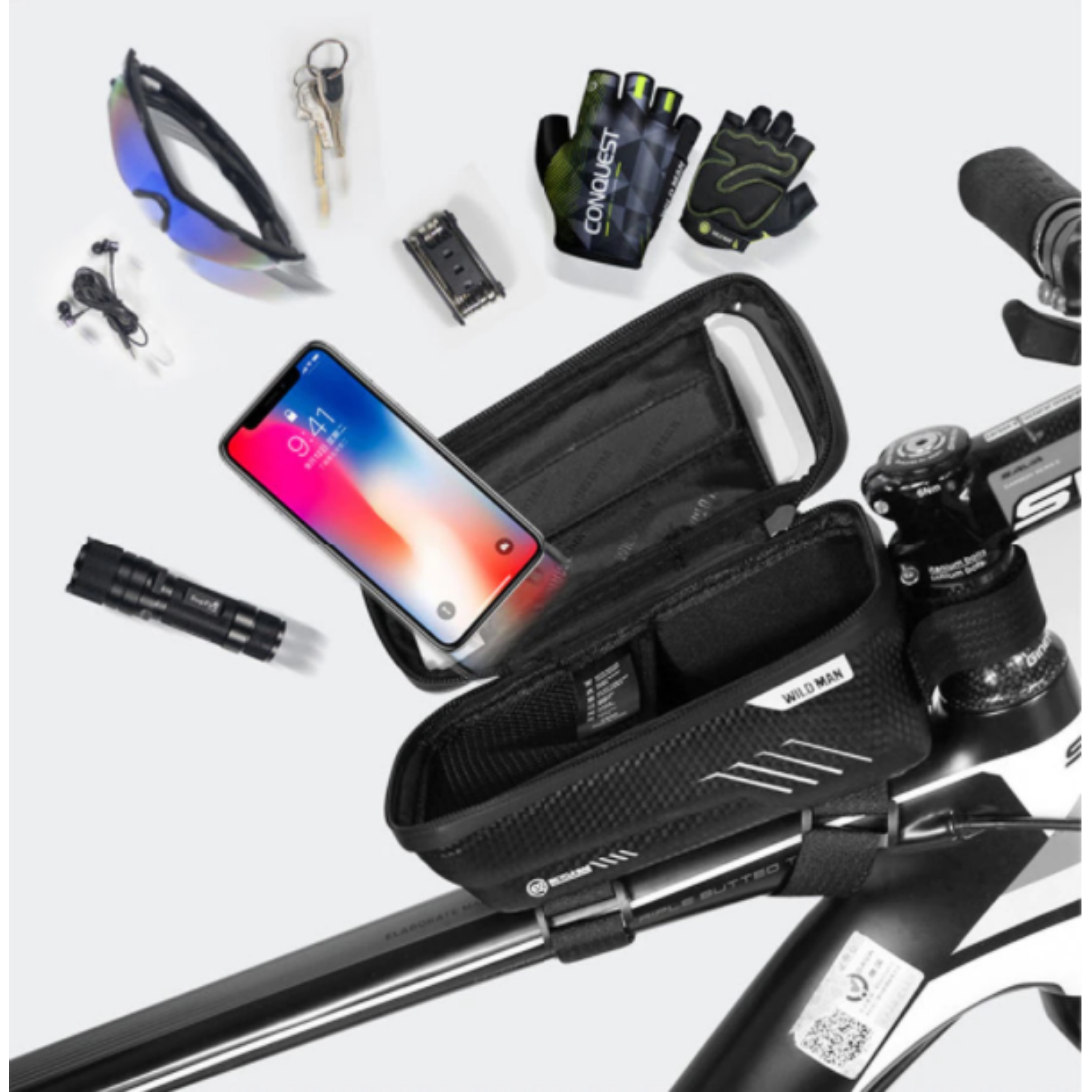 Bike Frame Bag with Waterproof Hardcase – Touchscreen Window & Headphone Port