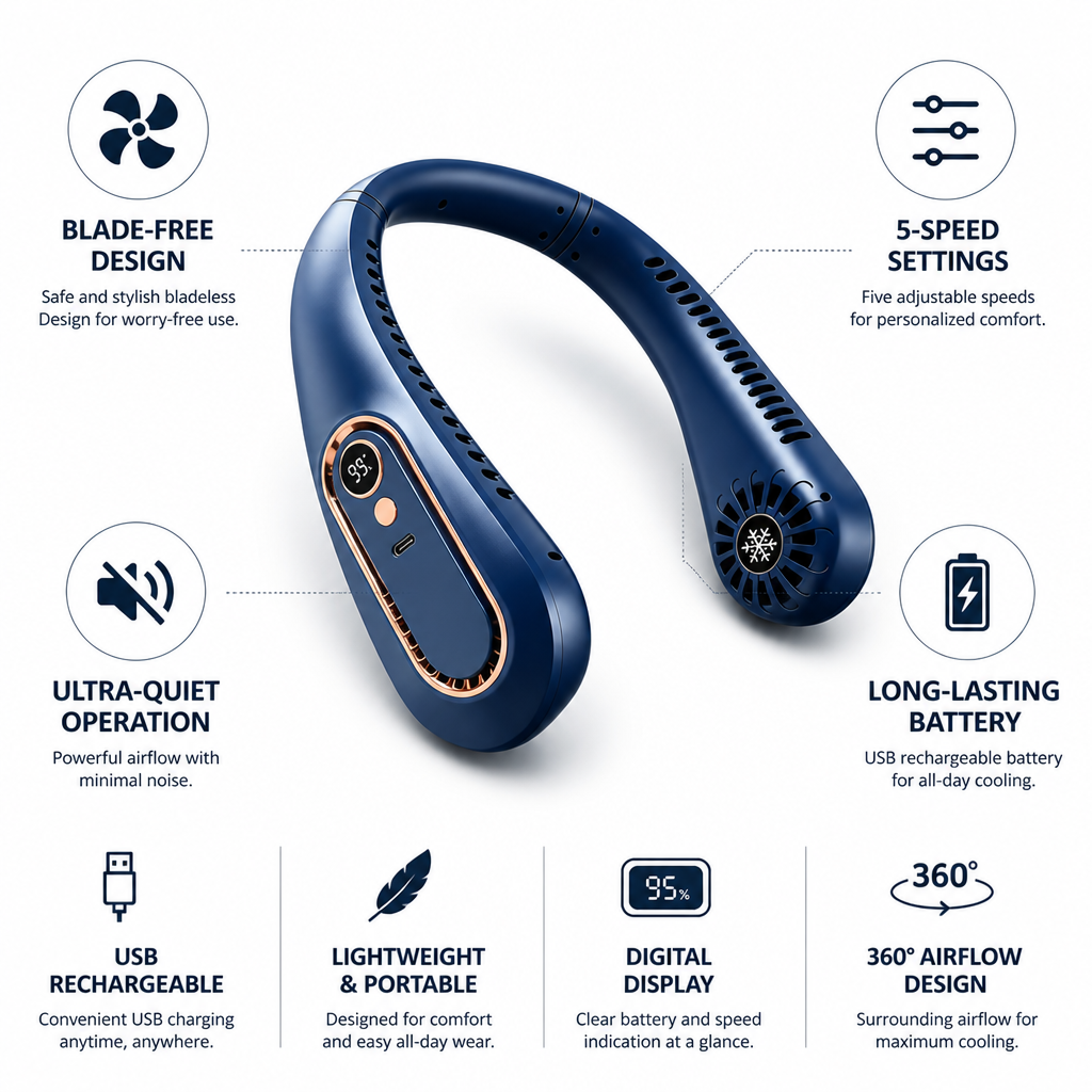 Blade-Free & USB-Rechargeable Neck Fan (5-Speed)