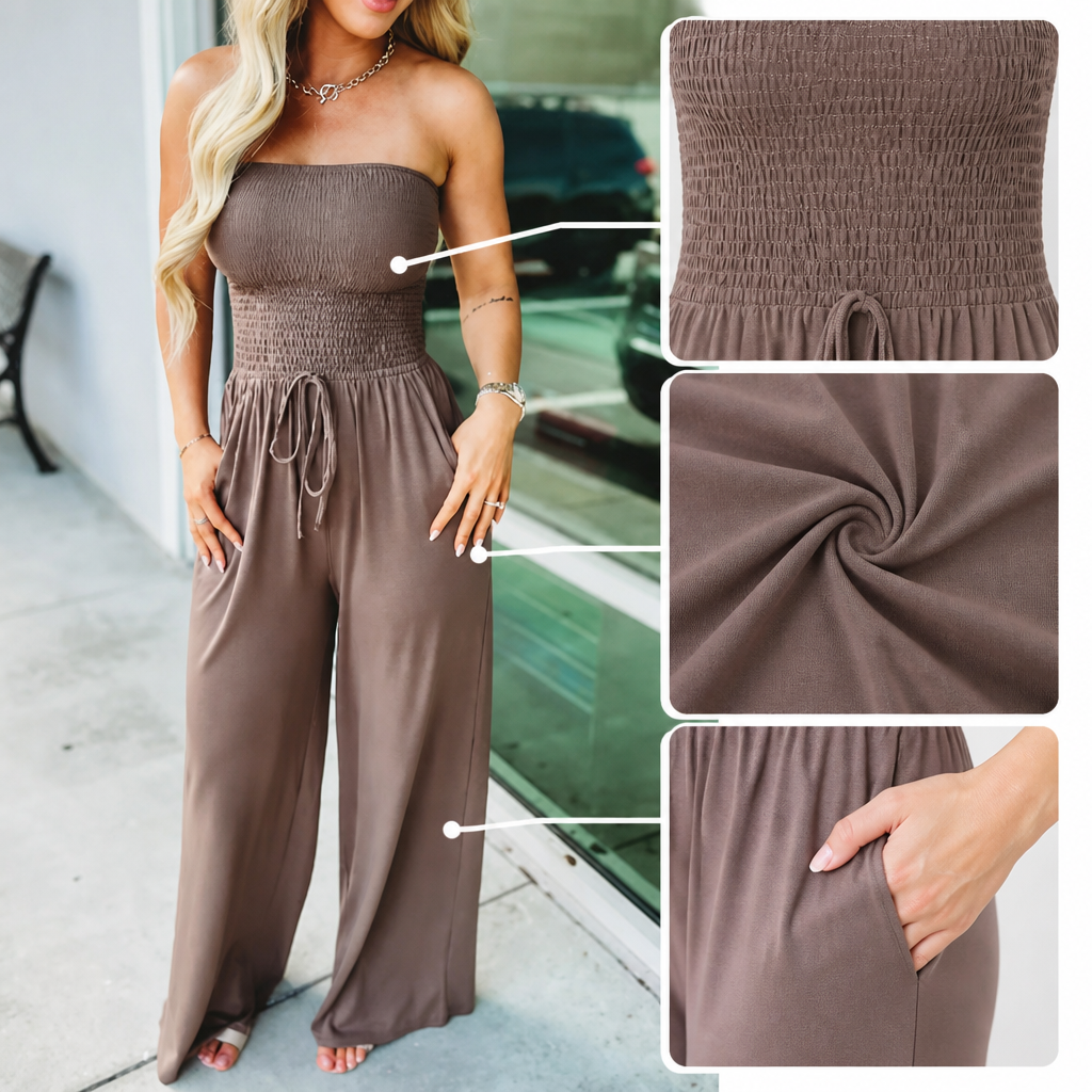Veloria™ – Strapless Smocked Wide-Leg Jumpsuit with Pockets