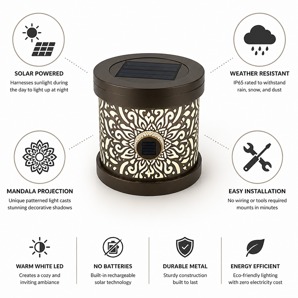 Solar-Powered Weather-Resistant Mandala Projection Lantern