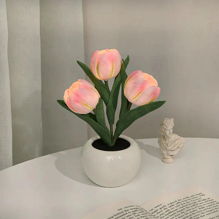 LED Table Lamp with Realistic Flower Design and Ceramic Base