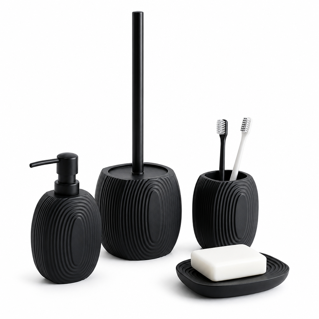 Black Ribbed Stainless Steel Wall-Mount Bathroom Set (4-Piece)