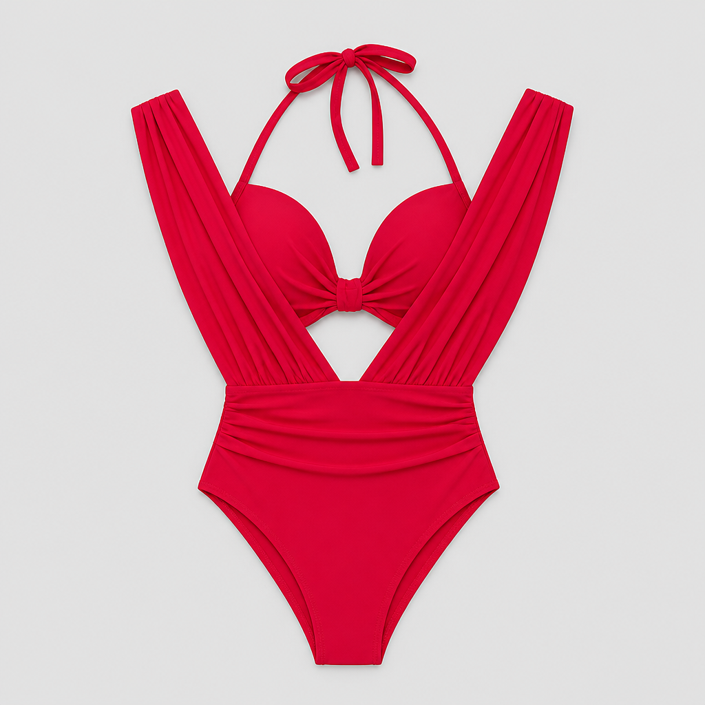 AquaSculpt™ – One-Piece Plunge Swimsuit with Ruched Waist Sculpting