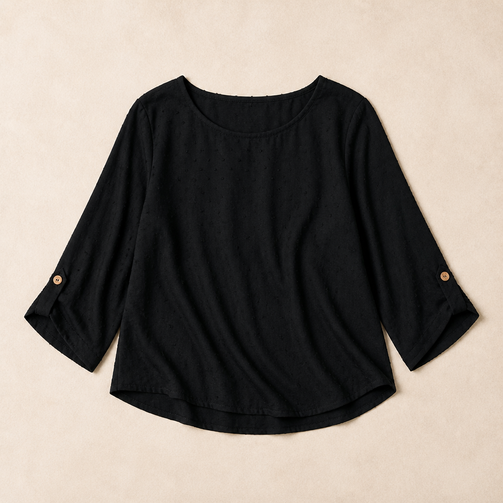 SilkoraWave™ – Laid-Back Swiss-Dot Top Featuring Buttoned Sleeve Tabs