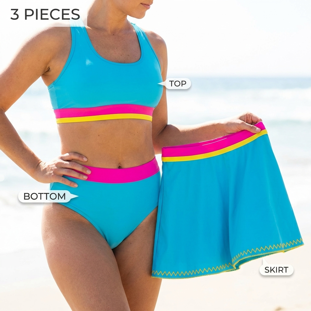 VelaAura™ – Vibrant Colorblock 3-Piece Sport Bikini with Swim Skirt Set